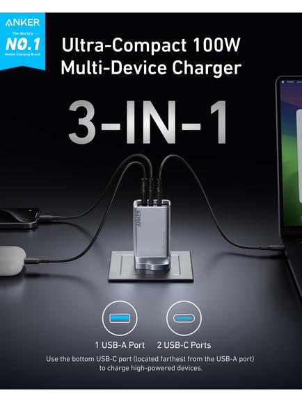 Anker Prime GaN Triple Port USB-C & USB-A 100W Charger, Black - view 2, Black