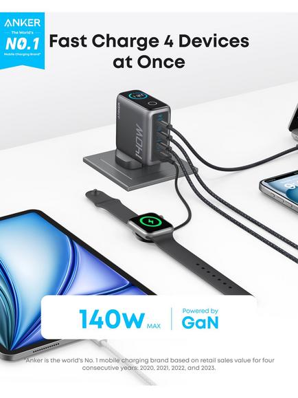 Anker Prime GaN Four Port USB-C & USB-A 140W Charger & Cable, Black - view 2, Black