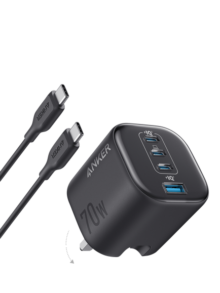 Anker Zolo GaN Four Port USB-C & USB-A 70W Charger & Cable, White, White