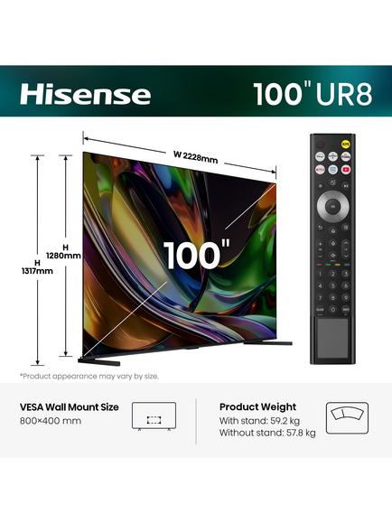 Hisense 100UR8STUK (2026) RGB MiniLED HDR 4K Ultra HD Smart AI TV, 100 inch with Dolby Atmos, Charcoal Grey - view 2, Charcoal Grey