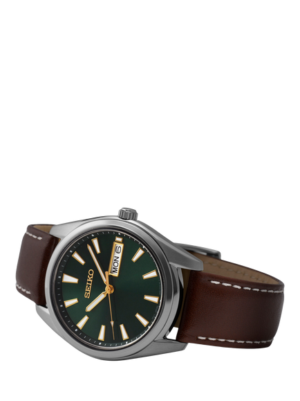 Seiko SUR449P1 Men's Date Leather Strap Watch, Green - view 2, Green