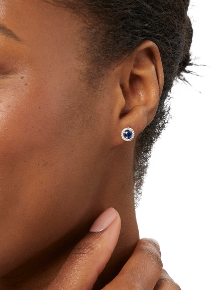 Jools by Jenny Brown Halo Stud Pave Surround Curbic Zirconia Earrings, Silver / Deep Blue - view 2, Silver/Deep Blue