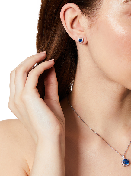 Jools by Jenny Brown 5mm Princess Cut Stud Earrings, Silver / Blue - view 2, Silver/Blue