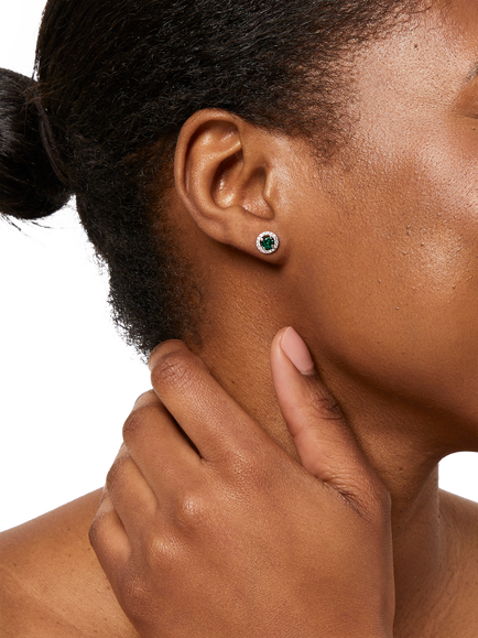 Jools by Jenny Brown Halo Stud Pave Surround Cubic Zirconia Earrings, Silver / Emerald Green - view 2, Silver/Green