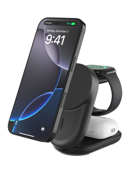 Belkin UltraCharge 3-in-1 Wireless Charger with Qi2, 25W, Black, Black