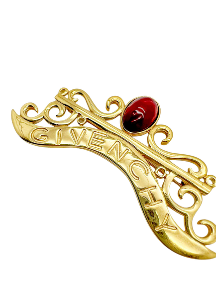 Pre-loved Vintage Givenchy Cabochon Logo Brooch, Gold - view 2, Gold