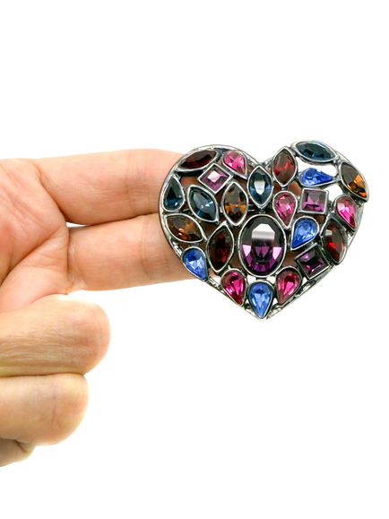 Pre-loved Vintage YSL Heart Crystal Brights Brooch, Circa 1980s, Pink - view 2, Pink Multi Coloured