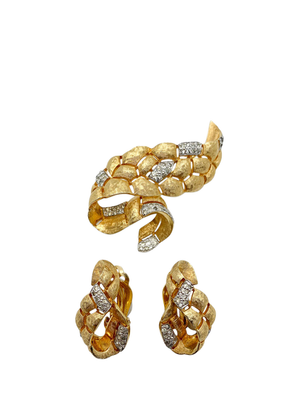 Pre-loved Vintage Jomaz Swag Brooch and Clip-On Earrings Set, Circa 1960s, Gold, Gold