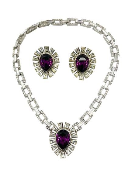 Pre-loved Vintage Amethyst Teardrop Necklace and Clip-On Earring Set, Amethyst