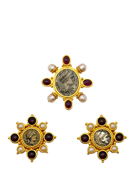 Pre-loved Vintage Linda Levinson Byzantine Coin Brooch and Earrings Set Circa 1980s, Gold, Gold