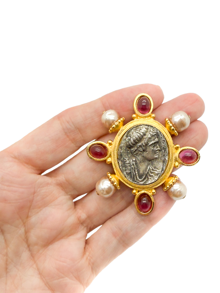 Pre-loved Vintage Linda Levinson Byzantine Coin Brooch and Earrings Set Circa 1980s, Gold - view 2, Gold