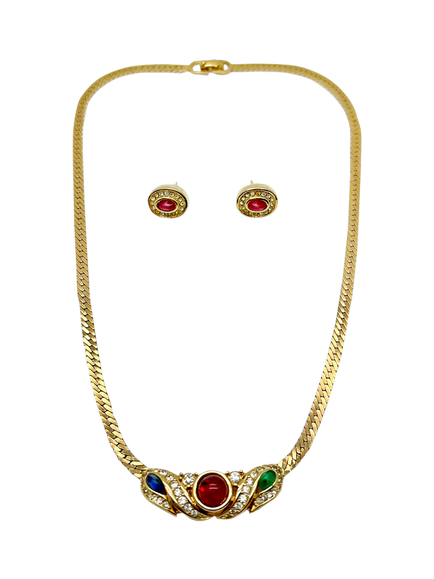 Pre-loved Vintage Dior Jewelled Necklace and Earrings Set, Circa 1980s, Gold, Gold