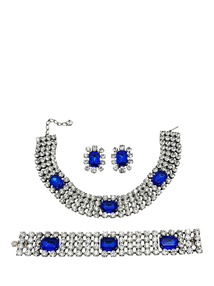 Pre-loved Vintage Crystal Collar, Bracelet and Clip-On Earrings Set, Blue, Blue