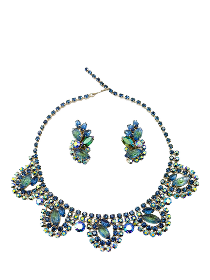 Pre-loved Vintage Collar Necklace and Clip-On Climber Earrings, Blue, Blue