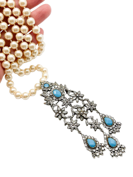 Pre-loved Vintage Turquoise and Pearl Necklace, Blue - view 2, Blue
