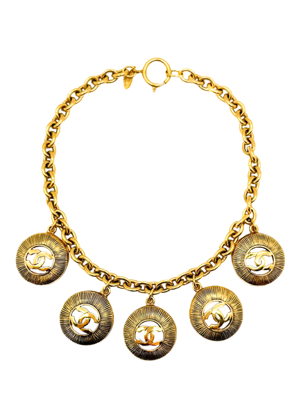 Pre-loved Vintage CHANEL Sunburst Logo Charm Necklace, Gold, Gold