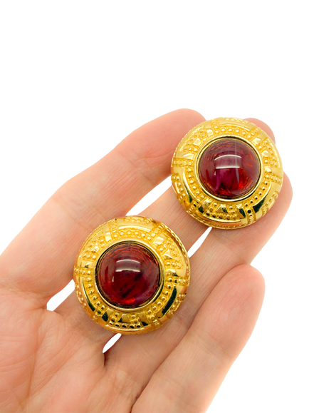 Pre-loved Vintage Dior Ruby Cabochon Clip-On Earrings, Circa 1980s, Red - view 2, Red