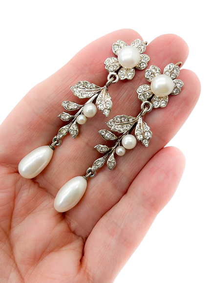 Pre-loved Vintage Edwardian Inspired Floral Earrings, Circa 1980s, Silver - view 2, Silver