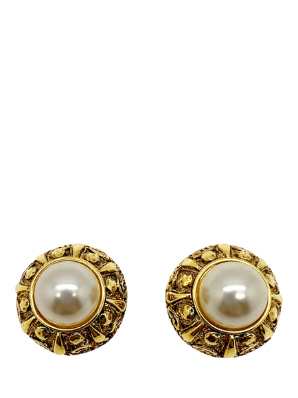 Pre-loved French Couture Vintage Etruscan Pearl Clip-On Earrings, Circa 1980s, Gold, Gold
