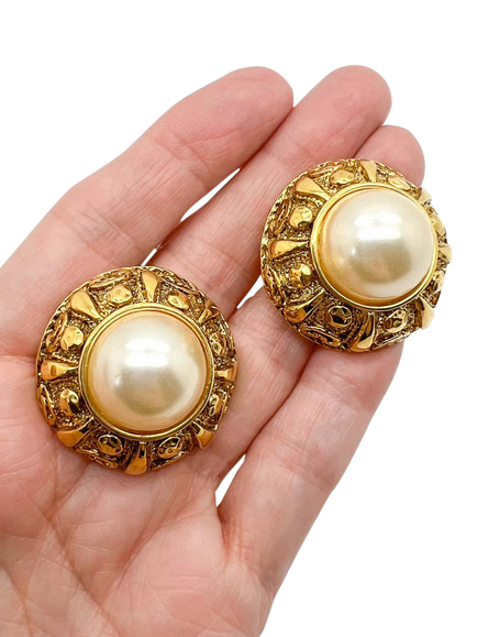 Pre-loved French Couture Vintage Etruscan Pearl Clip-On Earrings, Circa 1980s, Gold - view 2, Gold