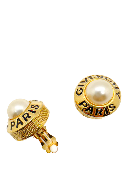 Pre-loved Vintage Givenchy Pearl Logo Clip-On Earrings, Gold - view 2, Gold