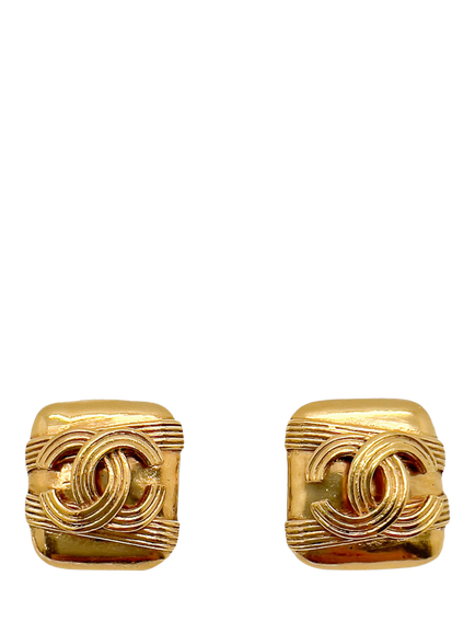 Pre-loved Vintage CHANEL Square Logo Earrings, Circa 1990s, Gold, Gold