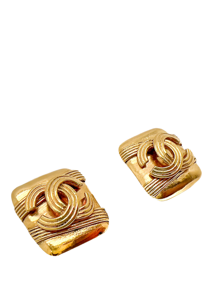 Pre-loved Vintage CHANEL Square Logo Earrings, Circa 1990s, Gold - view 2, Gold