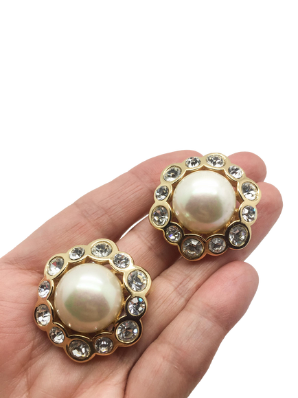 Pre-loved Vintage Dior Pearl and Swarovski Crystal Clip-On Earrings, Gold - view 2, Gold
