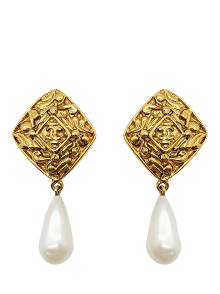 Pre-loved CHANEL Pearl Lozenge Drop Earrings, Gold, Gold