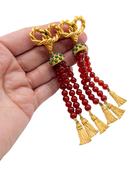 Pre-loved Vintage Carnelian Tassel Clip-On Earrings, Red - view 2, Red