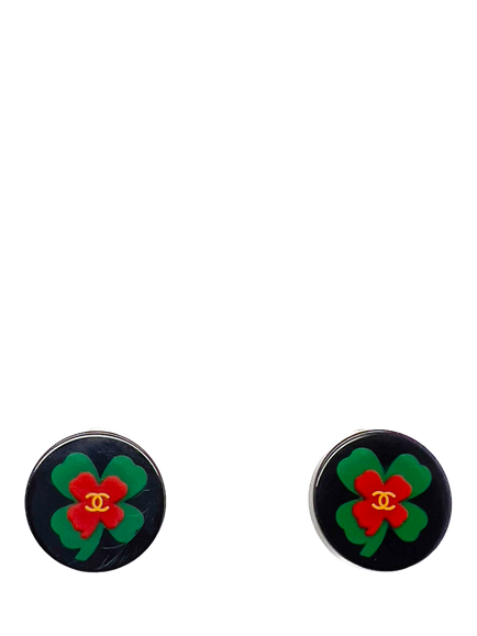 Pre-loved Vintage CHANEL Shamrock Clip-On Earrings, Dated 2004, Black, Black