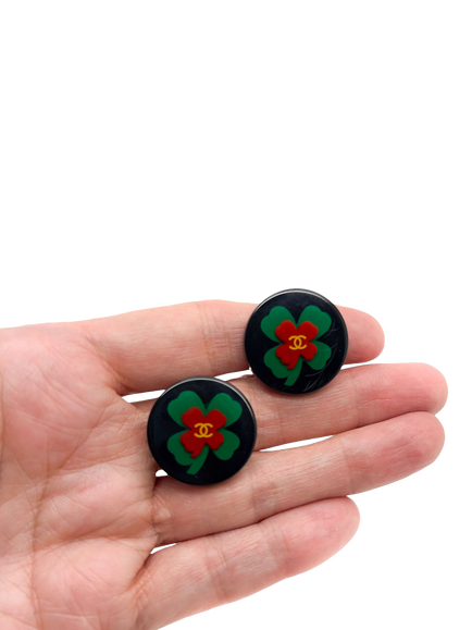 Pre-loved Vintage CHANEL Shamrock Clip-On Earrings, Dated 2004, Black - view 2, Black