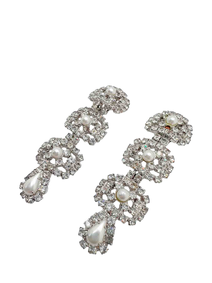 Pre-loved Vintage Crystal and Pearl Drop Clip-On Earrings, Silver - view 2, Silver