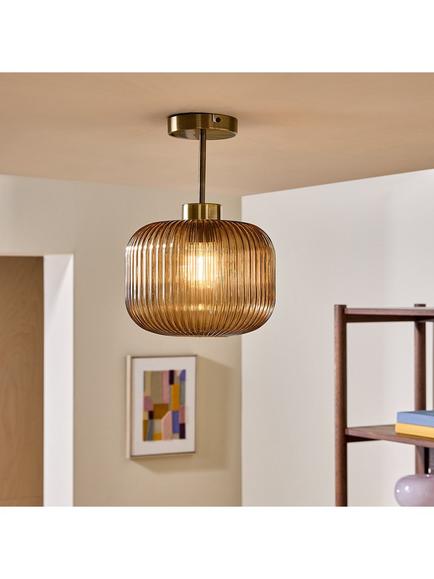 MADE Briz Ribbed Glass Semi Flush Pendant Ceiling Light, Amber - view 2, Amber