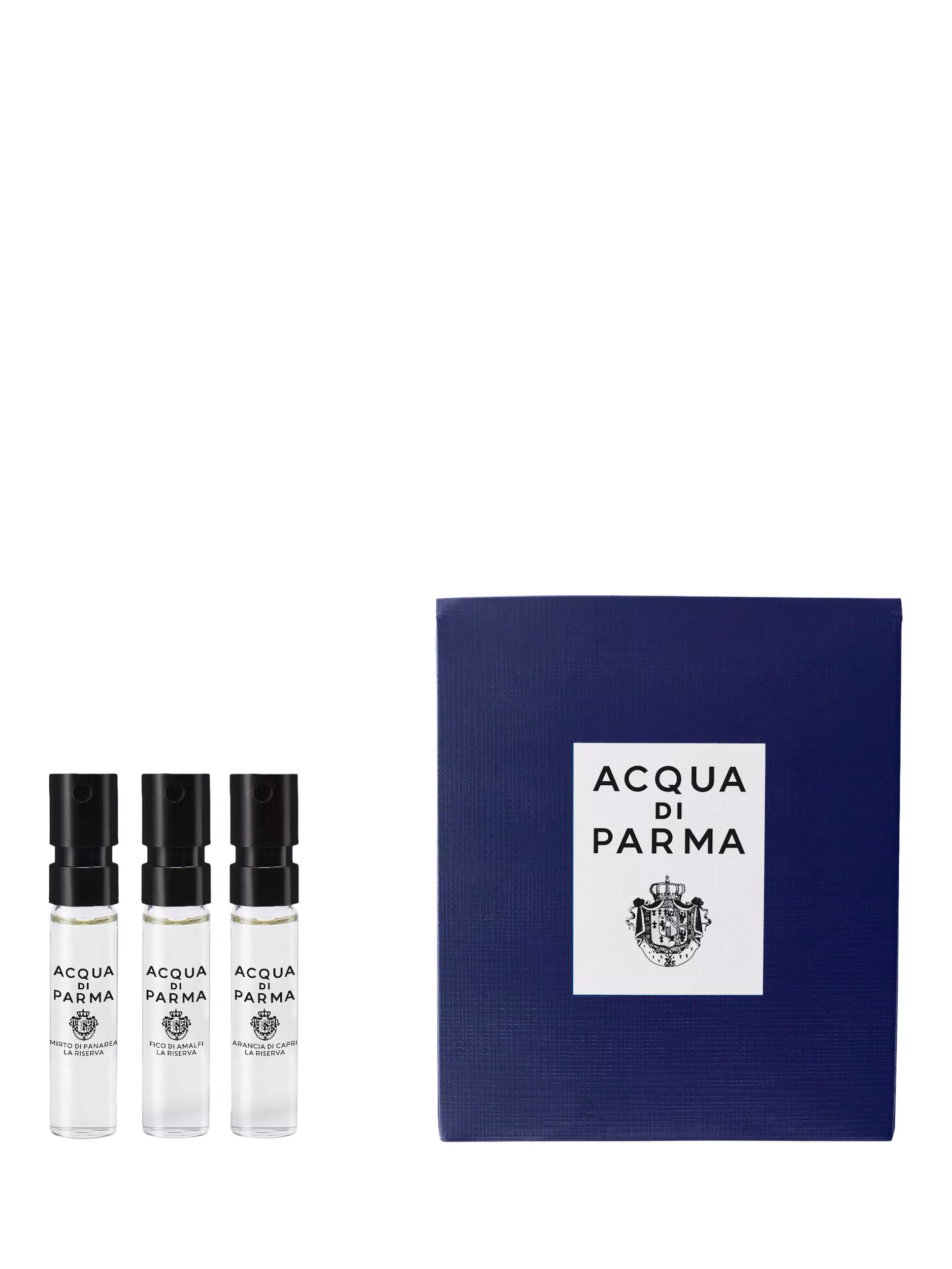 Acqua di Parma fragrance sample set with three spray vials beside a navy branded gift box, cut-out background