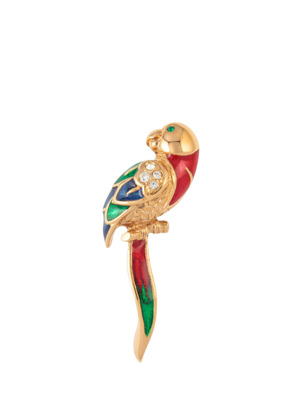 Pre-loved Attwood and Sawyer Enamel and Swarovski Crystal Parrot Brooch, Gold, Gold