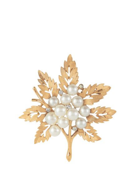 Pre-loved Trifari Faux Pearl Leaf Brooch, Gold, Gold