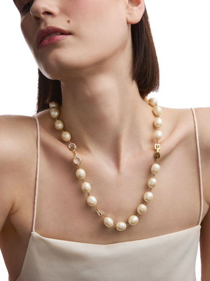 Pre-loved Givenchy Faux Pearl and Swarovski Crystal Necklace, Gold - view 2, Gold