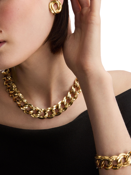 Pre-loved Monet Double Link Chain Necklace, Bracelet and Earrings Set, Gold - view 2, Gold