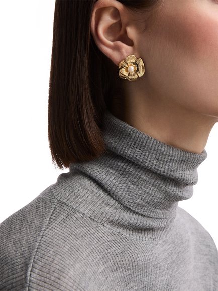 Pre-loved Faux Pearl Petal Earrings, Gold - view 2, Gold