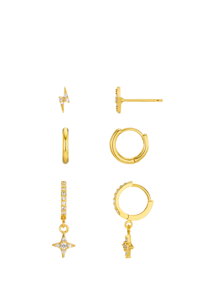 Orelia Starburst, and Lightning Stud and Mini Hoop Earrings, Set of 3, Gold, Crystal