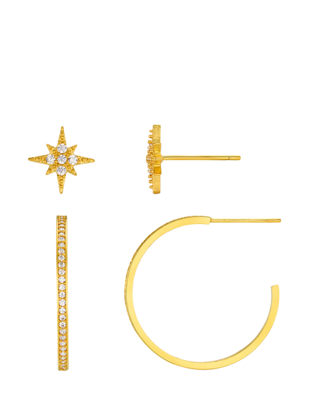 Orelia Starburst, and Crystal Hoop Earrings, Set of 2, Gold, Crystal