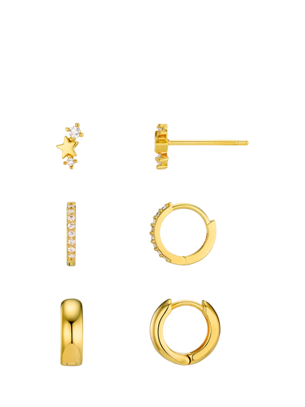 Orelia Crystal Stud and Hoop Earrings, Set of 3, Gold, Crystal