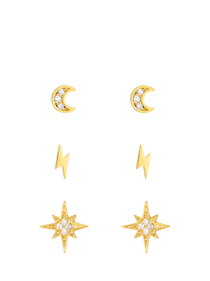 Orelia Starburst, Moon and Lightning Stud Earrings, Set of 3, Gold, Pale Gold