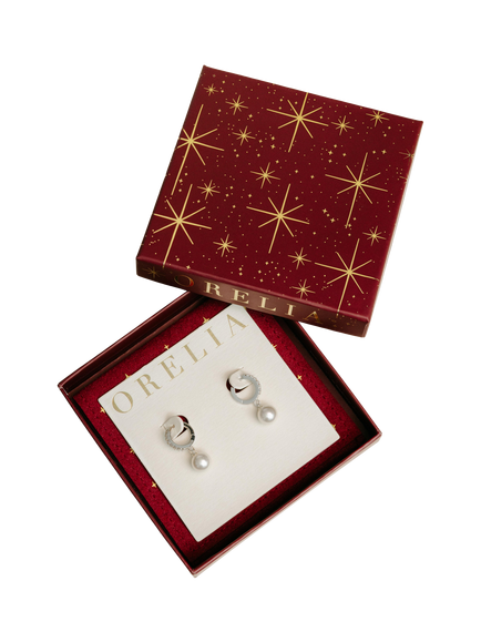 Orelia Pearl Drop Pave Hoop Earrings with Gift Box, Silver - view 2, Silver