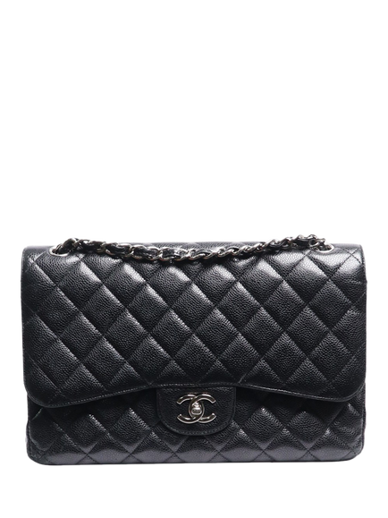 Pre-loved CHANEL 2012 Jumbo Diamond Quilted Caviar Classic Double Flap Shoulder Bag, Black, Black