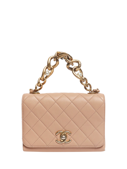 Pre-loved CHANEL Pearl Chain Mini Flap Leather Bag, Dusty Pink, Dusty Pink