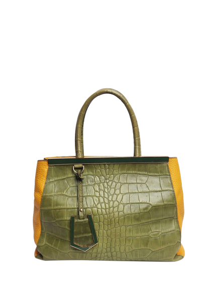 Pre-loved Fendi 2Jours Croc Embossed Leather Bag, Green/Yellow, Green/Yellow