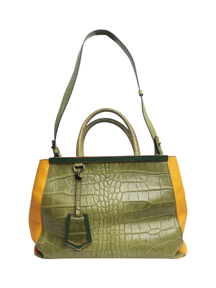 Pre-loved Fendi 2Jours Croc Embossed Leather Bag, Green/Yellow - view 2, Green/Yellow