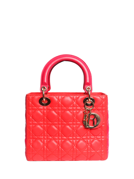 Pre-loved Christian Dior 2014 Lady Dior Top Handle Leather Bag, Red/Pink, Red
